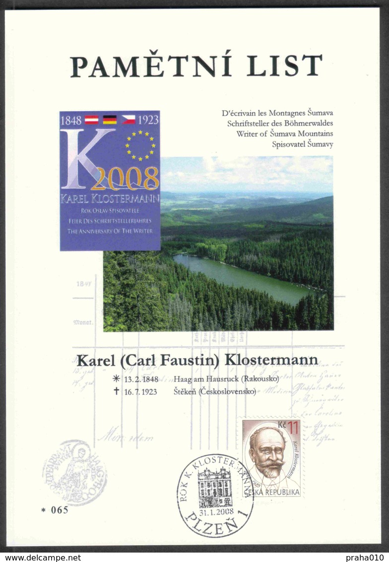 Tschech. Rep. / Denkblatt (PaL 2008/01) Plzen 1: Karel Klostermann (1848-1923) Schriftsteller (Böhmerwald) - Briefe U. Dokumente