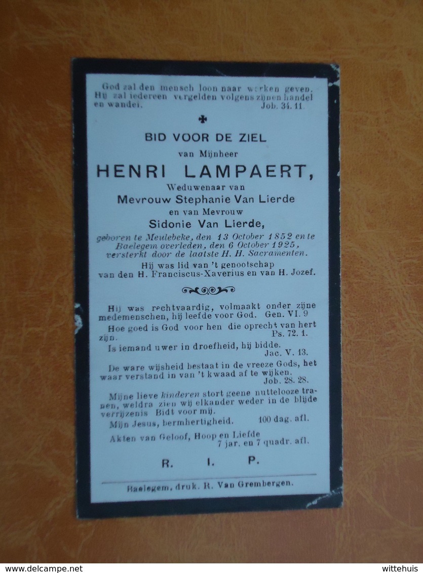 Henri Lampaert - Van Lierde  Geboren Te Meulebeke 1852 En Overleden Te Baelegem 1925  (2scans) - Religion & Esotérisme