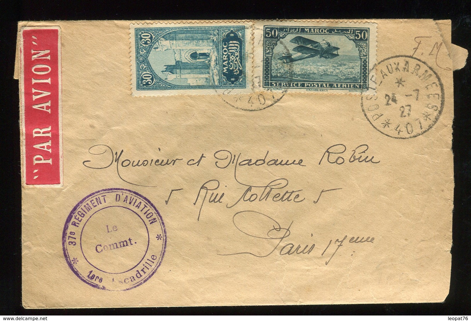 Maroc - Enveloppe En FM (SP 407  Rég. Aviation ) Par Avion  Pour Paris En 1927 - Prix Fixe - Réf F81 - Covers & Documents