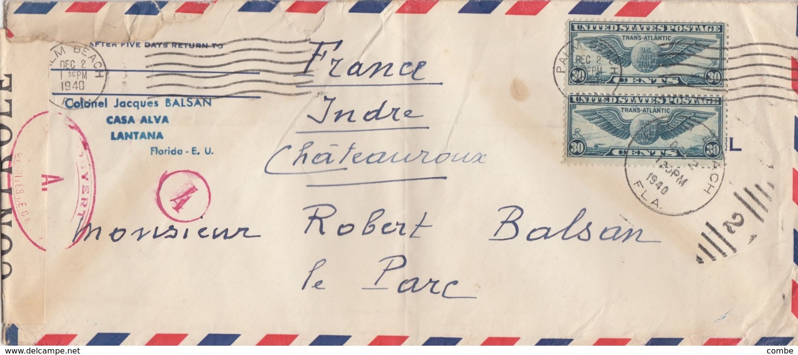 COVER. LETTRE.  UNITED STATES TO FRANCE CENSOR WWII COLONEL BALSAN FLORIDA - Sonstige & Ohne Zuordnung