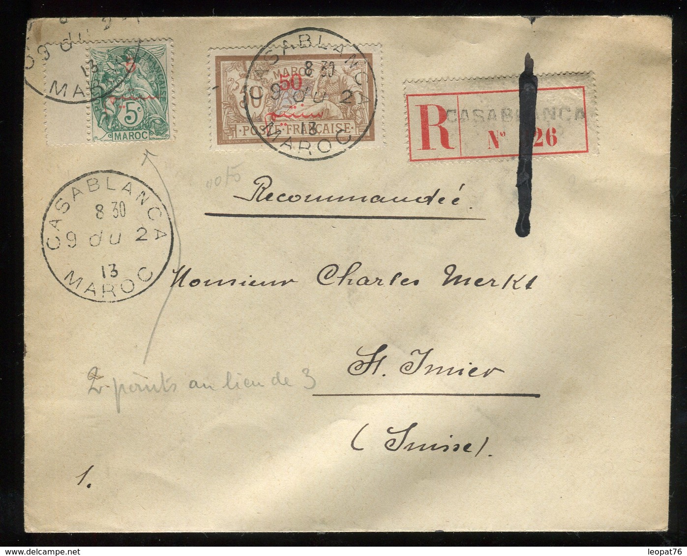 Maroc - Enveloppe En Recommandé De Casablanca Pour La Suisse En 1913 , Affr. Plaisant - Prix Fixe - Réf F88 - Lettres & Documents