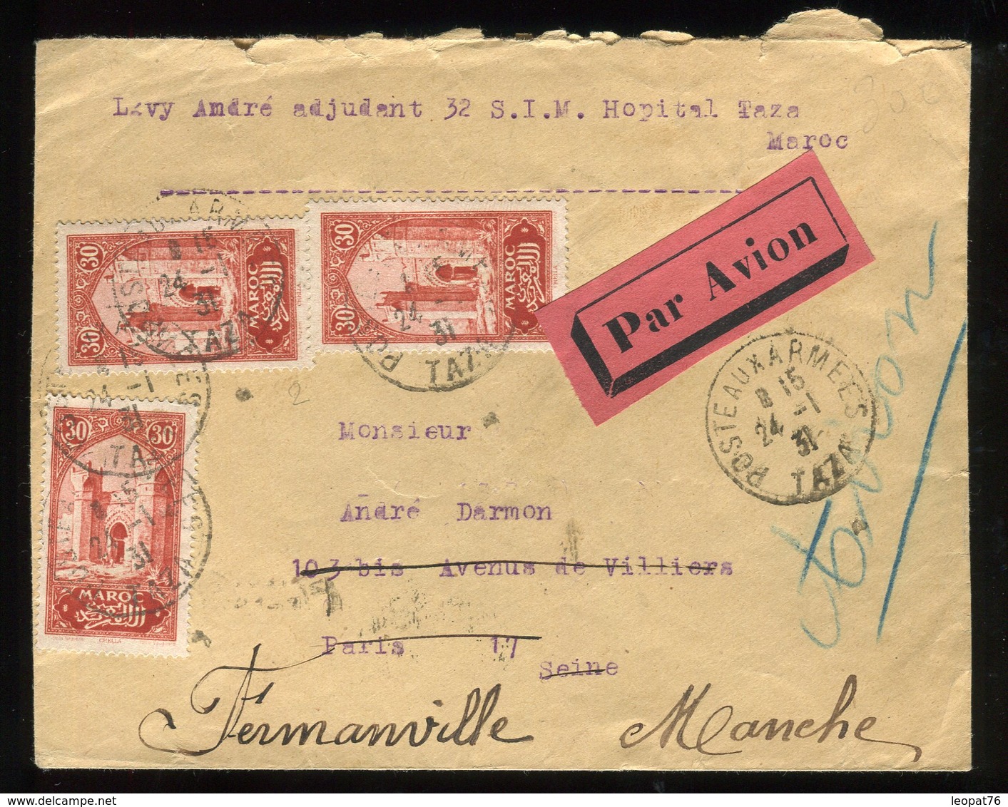 Maroc - Enveloppe En FM De Taza Pour Paris Et Redirigé Vers Fermanville En 1931, Par Avion - Prix Fixe - Réf F89 - Lettres & Documents