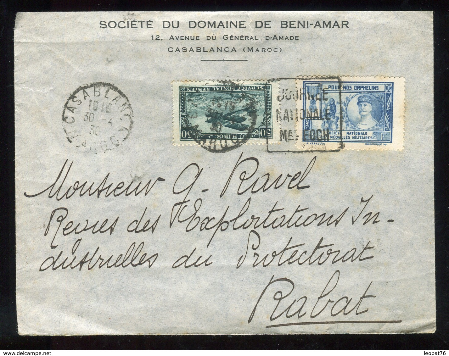 Maroc - Enveloppe De Casablanca Pour Rabat En 1930 , Vignette Et Daguin Foch - Prix Fixe - Réf F100 - Lettres & Documents