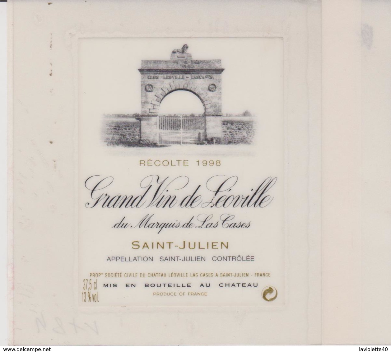 ETIQUETTE DE VIN - (Plastifiée)  BORDEAUX - SAINT JULIEN - GRAND VIN DE LEOVILLE DU MARQUIS DE LAS CASAS - 1998 - Bordeaux