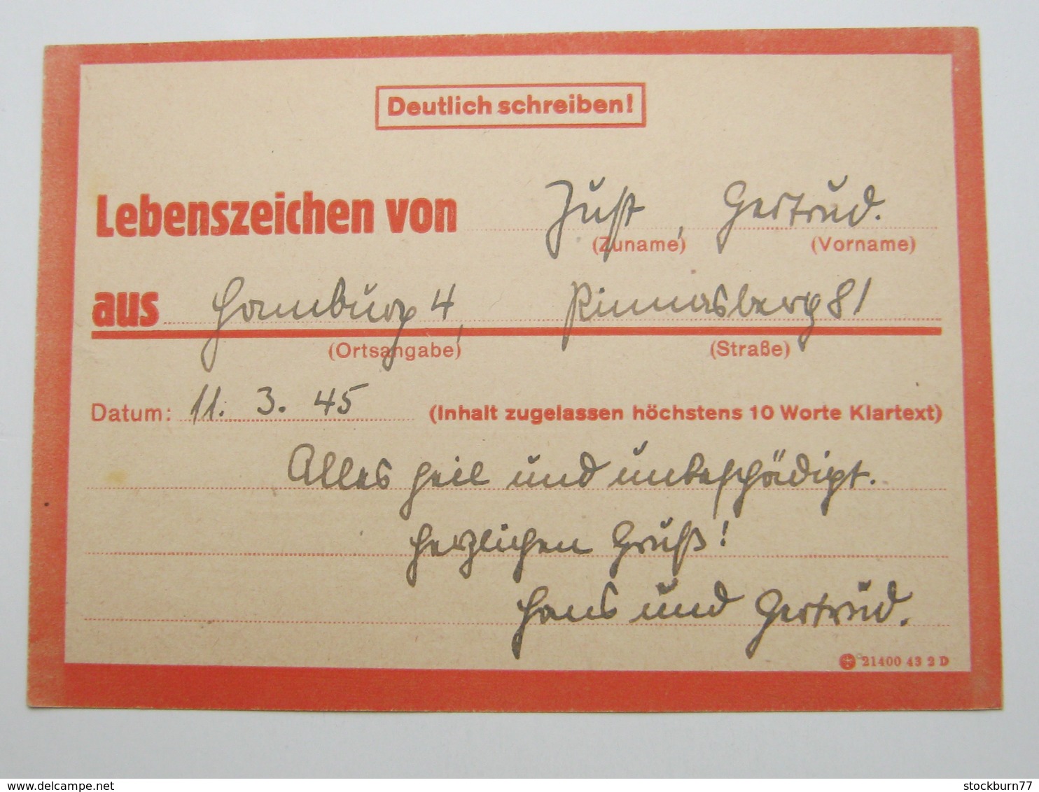 1945 , Eilnachrichtenkarte Aus Hamburg , Späte Post - Lettres & Documents