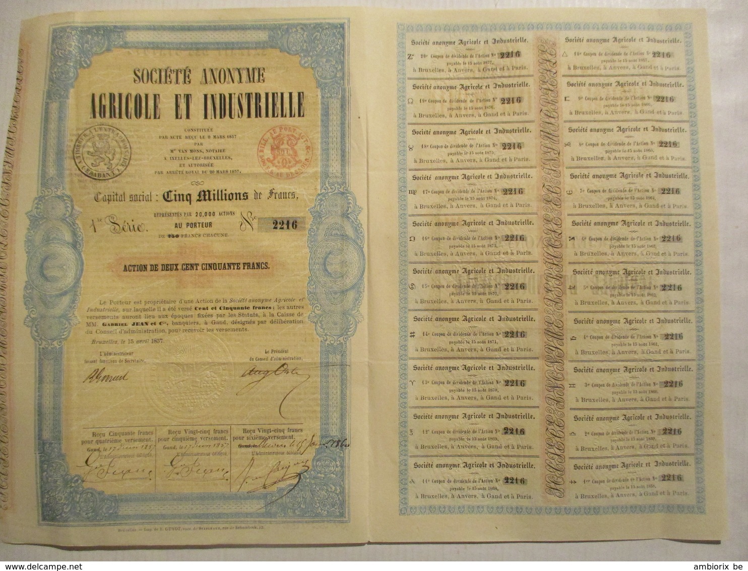 Société Anonyme Agricole Et Industrielle - Action De 250 Francs De 1857 - Agricoltura