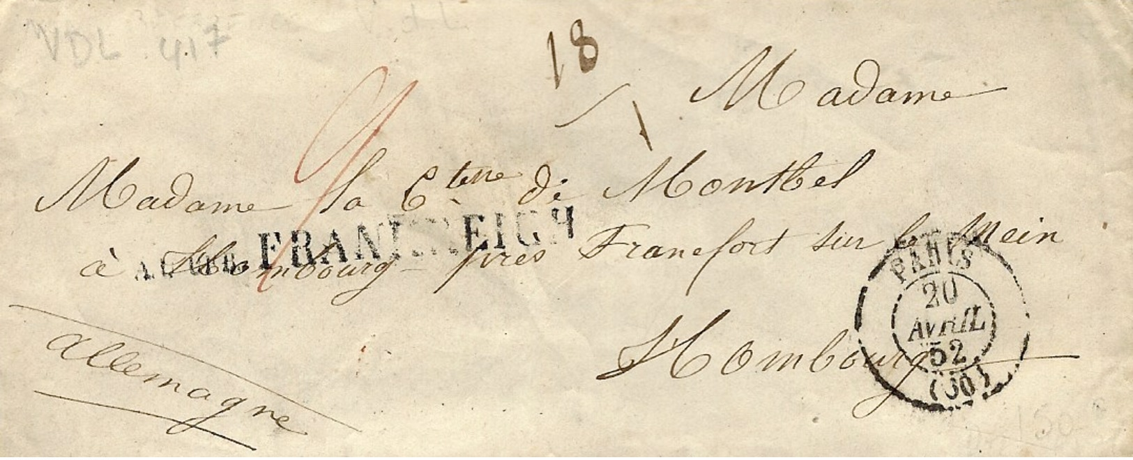 1852 - Letter From Paris To Hamburg Hambourg With "  A U  UEB FRANKREICH " - Hambourg