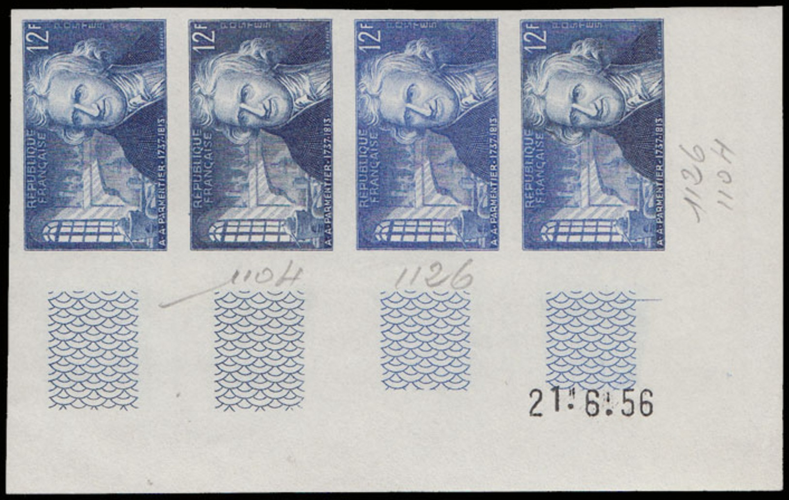 FRANCE Essais  1081 Bande De 4 Essais En Bleu Bicolore, Coin Daté 21/6/56: A.A. Parmentier, Pharmacien Militaire - Other & Unclassified