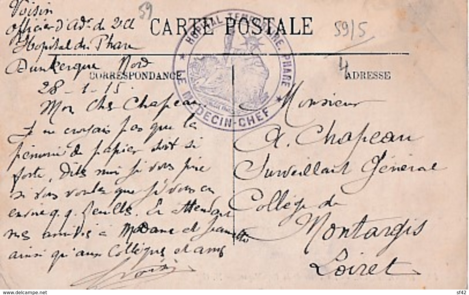 CACHET  HOPITAL  TEMPORAIRE  PHARE  DE DUNKERQUE  SUR CP DE DUNKERQUE - Guerre 1914-18