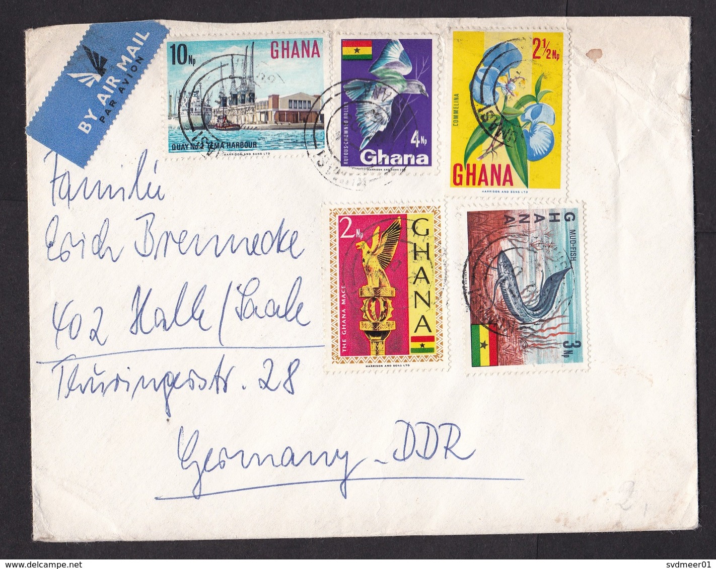 Ghana: Airmail Cover To East Germany, 5 Stamps, Flower, Bird, Fish, Harbour (damaged!) - Ghana (1957-...)