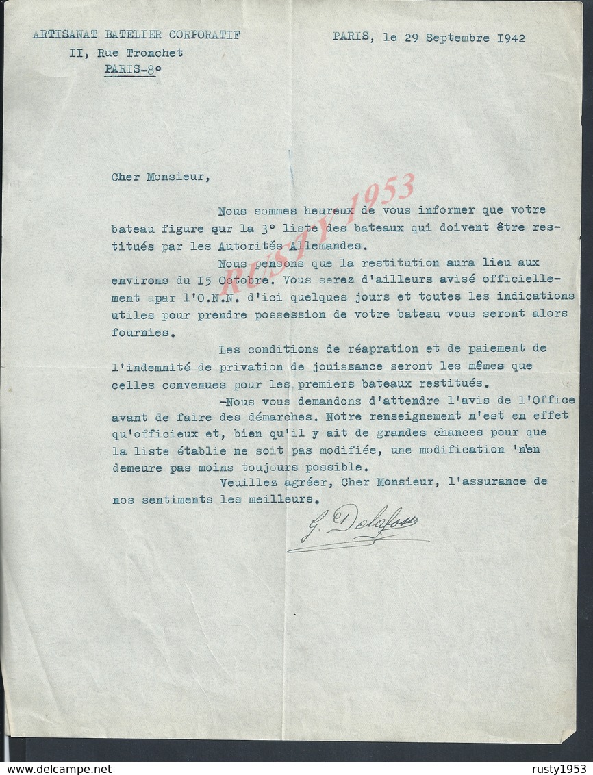 MILITARIA LETTRE DE 1942 ARTISANAT BATELIER PARIS RUE TRONCHET SUJET BATEAUX QUI DOIT ETRE RESTITUÉS PAR LES ALLEMAND - 1939-45