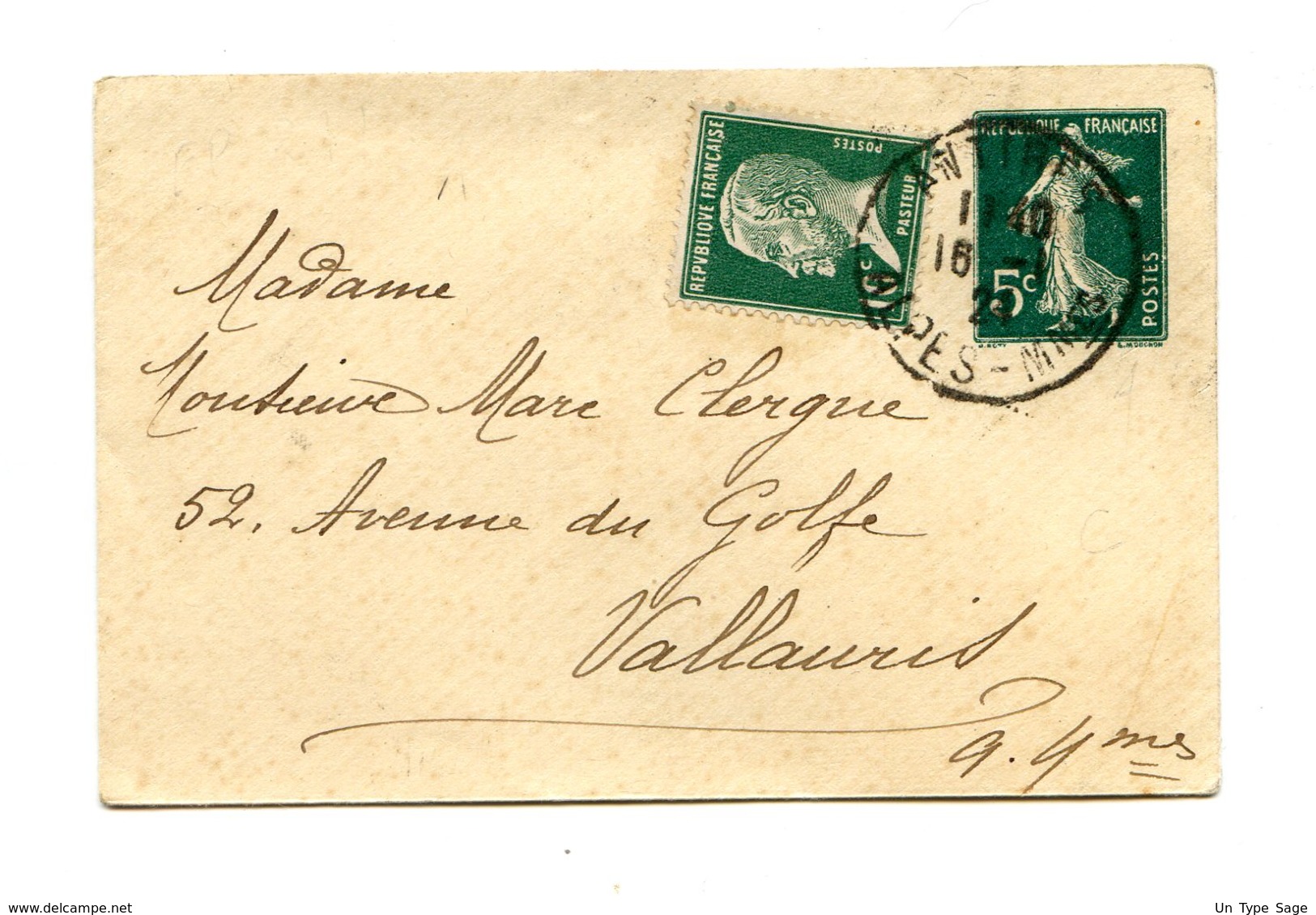 France, Entier Lettre, 5c. Semeuse + Pasteur N°170 D'Antibes à Vallauris - (B2024) - Standard Covers & Stamped On Demand (before 1995)