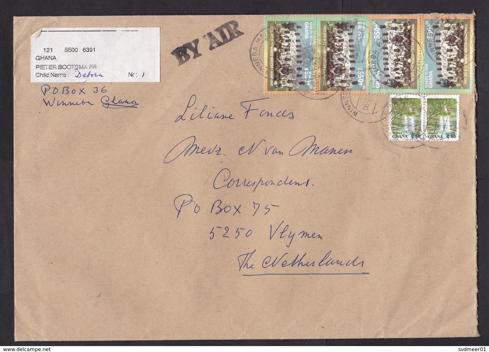 Ghana: Airmail Cover To Netherlands, 6 Stamps, World Soccer Champions, Football, Sports, Waterfall Falls (traces Of Use) - Ghana (1957-...)