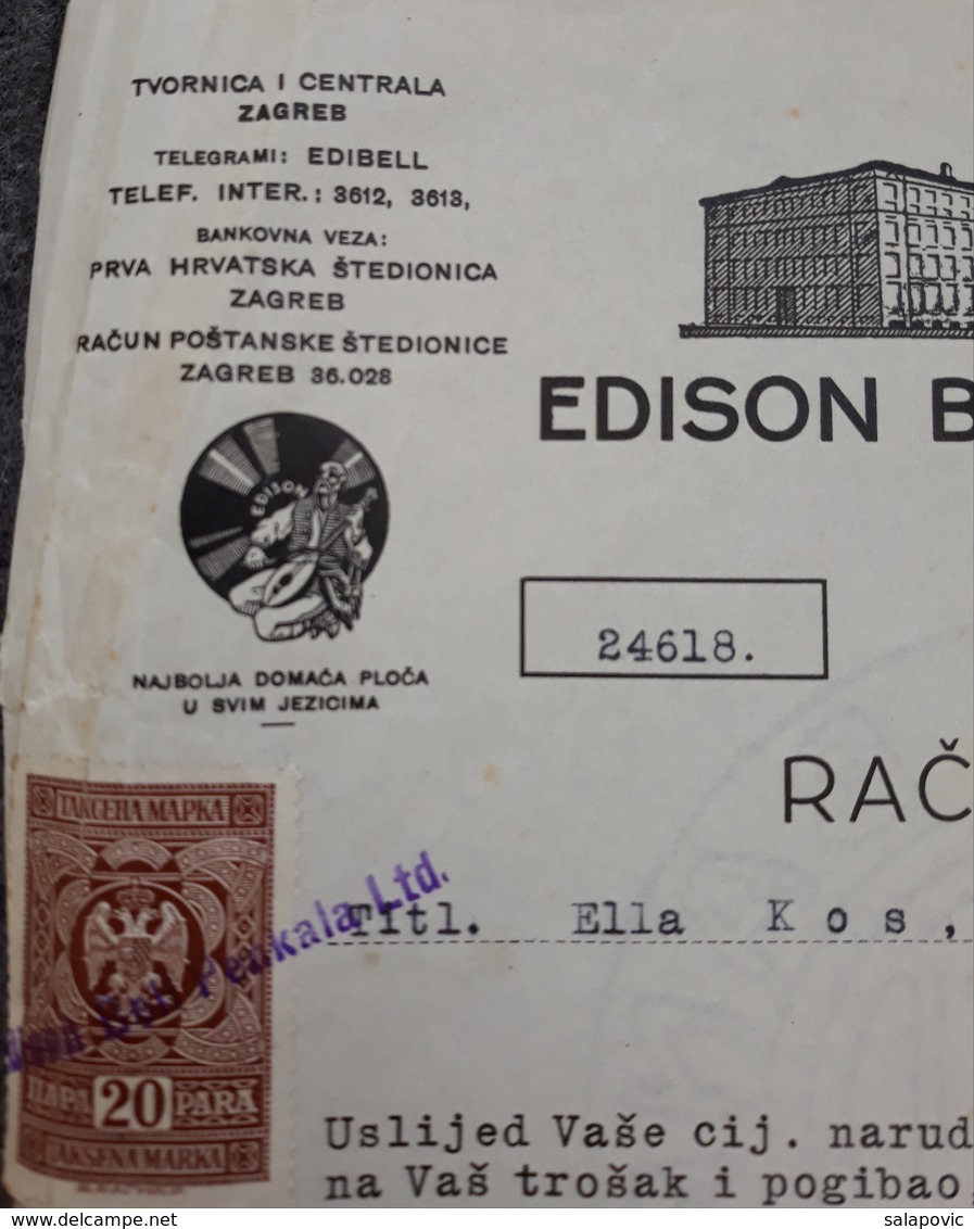 Edison Bell Penkala LTD Zagreb Račun, Invoice Kingdom Of Yugoslavia 1930 - Lettres De Change
