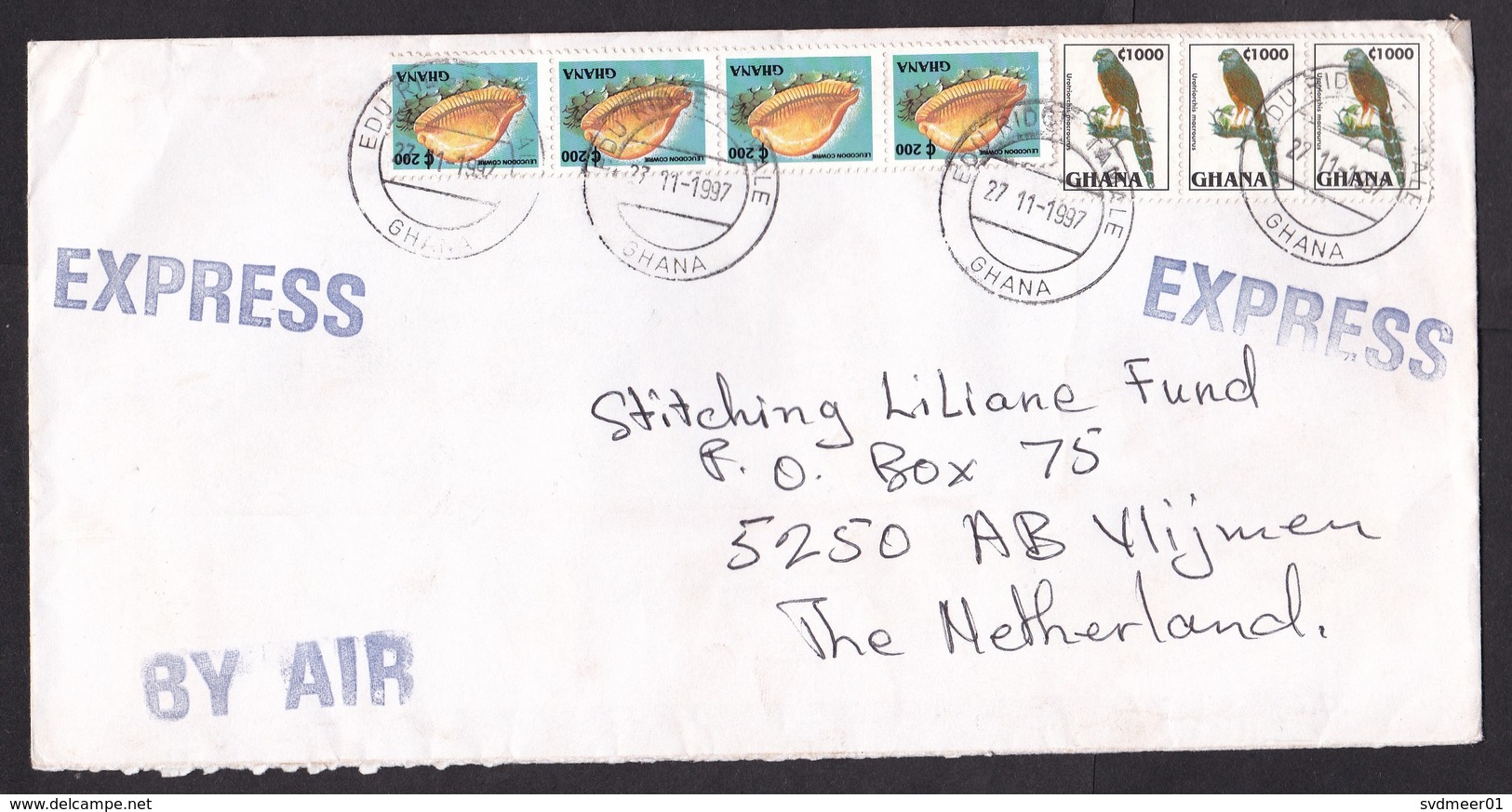 Ghana: Airmail Express Cover To Netherlands, 1997, 7 Stamps, Sea Shell, Bird (discolouring) - Ghana (1957-...)