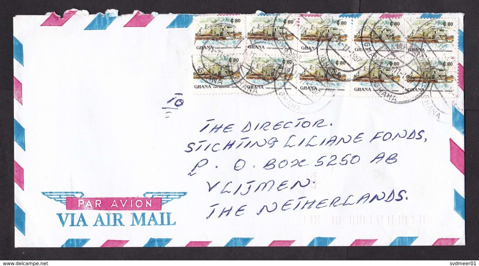 Ghana: Airmail Cover To Netherlands, 1997, 10 Stamps, Fort, Heritage, Inflation (minor Damage) - Ghana (1957-...)