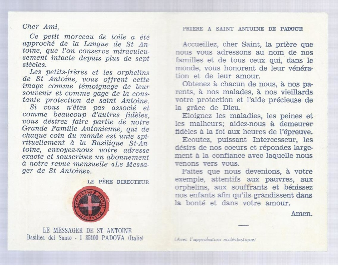 RELIQUIA RELIC RELIQUARY RELIKWIE Saint Antoine Avec Morceau De Toile Ayant Approché La Langue Du Saint PADOVA - Religion & Esotérisme