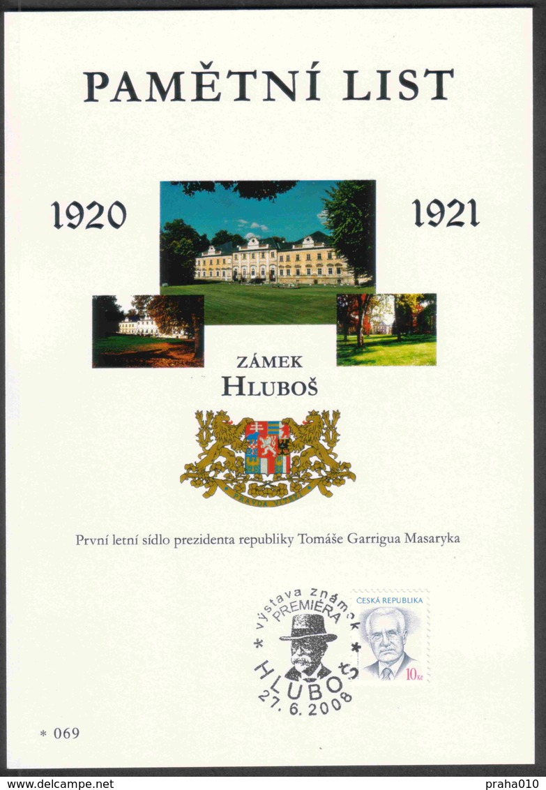 Rep. Ceca / Foglio Commemorativo (PaL 2008/04) Hlubos: Castello Di Hlubos, Prima Residenza Estiva Pres. Tomas G. Masaryk - Storia Postale