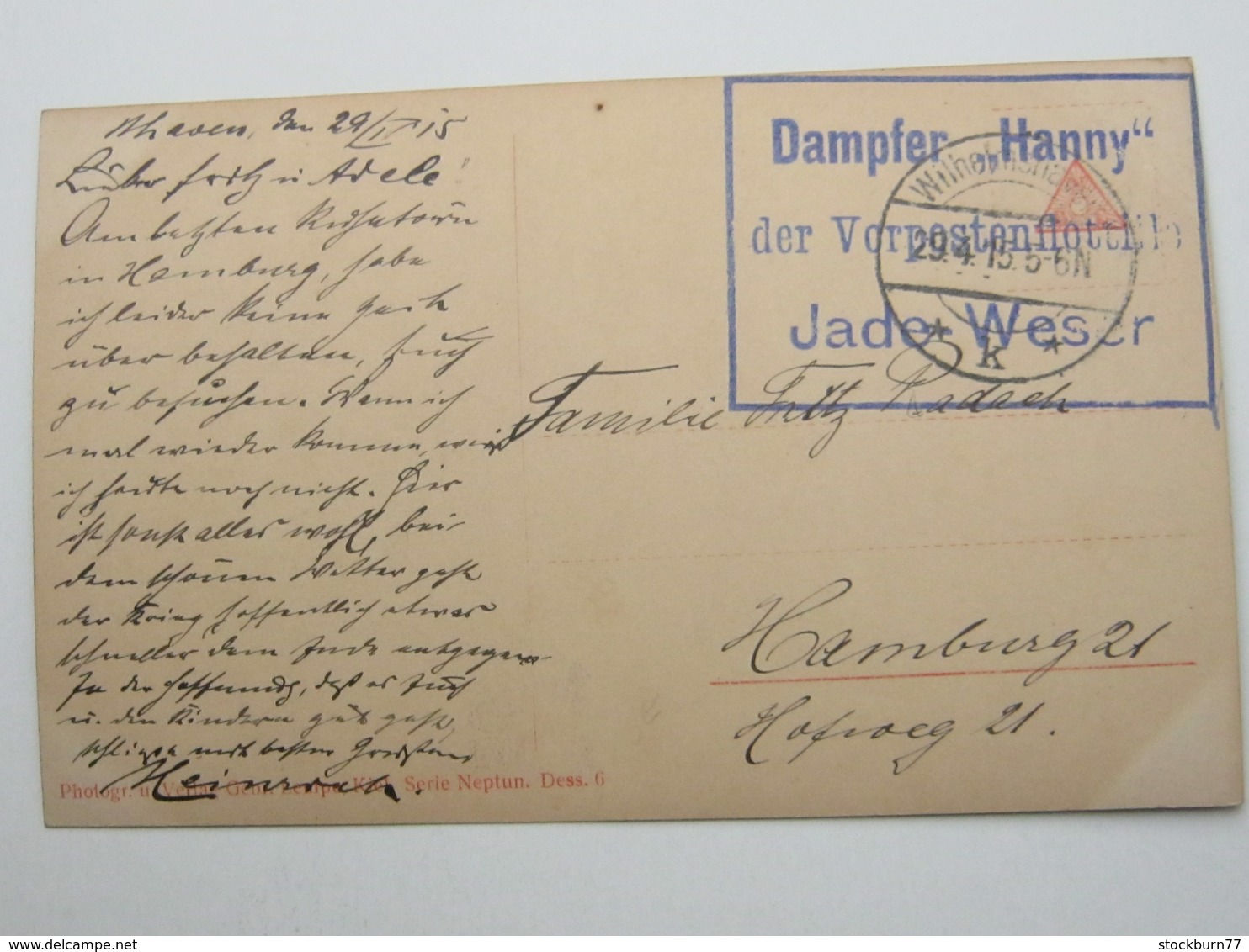 1915 , DAMPFER HANNY Der Vorpostenflottille  JADE WESER, Klarer Stempel Auf Feldpostkarte - Briefe U. Dokumente