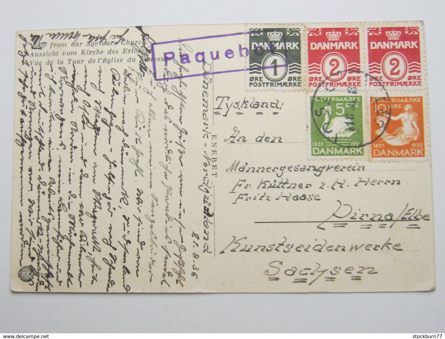 1936, OSLO ,  PAQUEBOT , Klarer Stempel Als Entwertung Auf Dänemark Frankatur, Karte Nach Deutschland - Briefe U. Dokumente