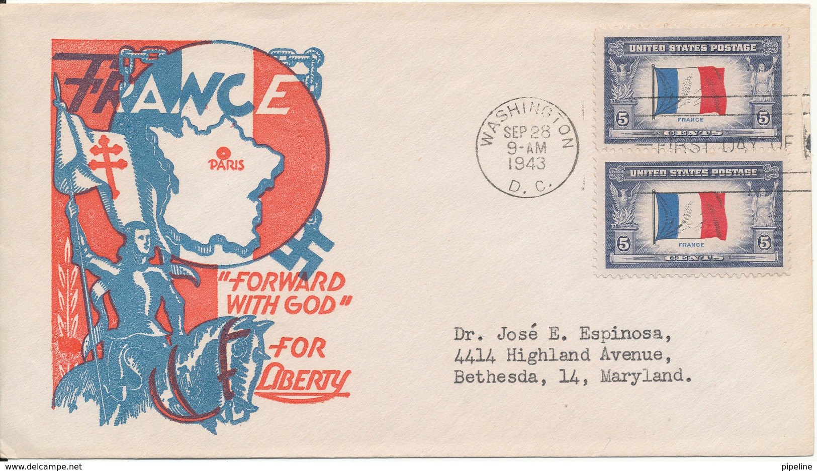 USA FDC Washington 28-9-1943 Overrun Countries France Forward With God For Liberty With Nice Cachet - 1941-1950