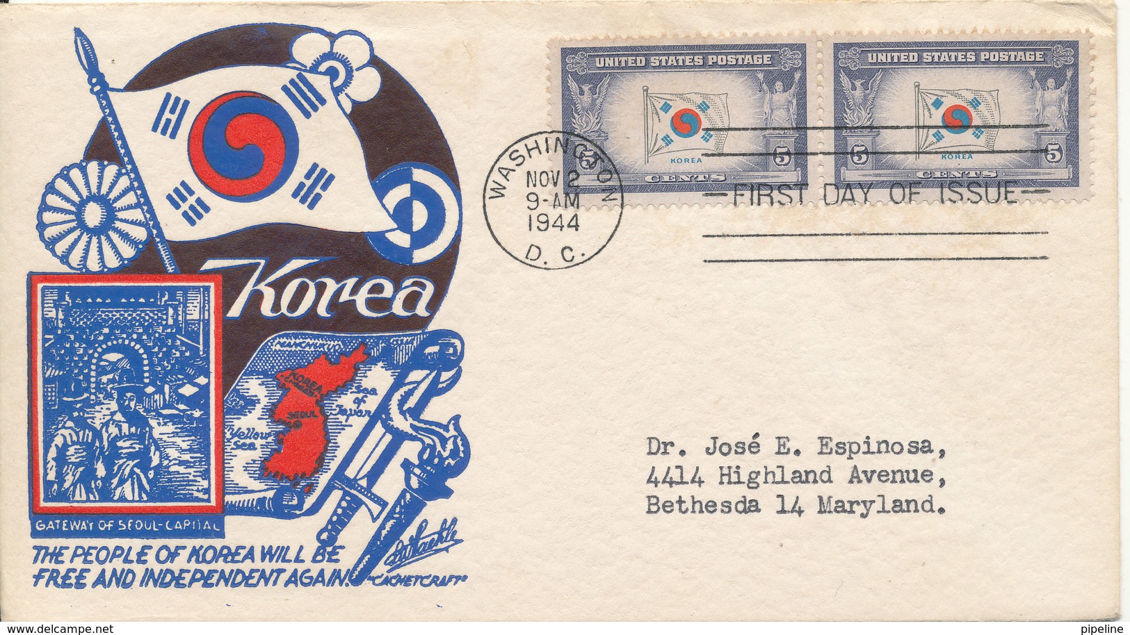 USA FDC Washington 2-11-1943 Overrun Countries Korea The People Of Korea Will Be Free And Independent Again With Nice Ca - 1941-1950