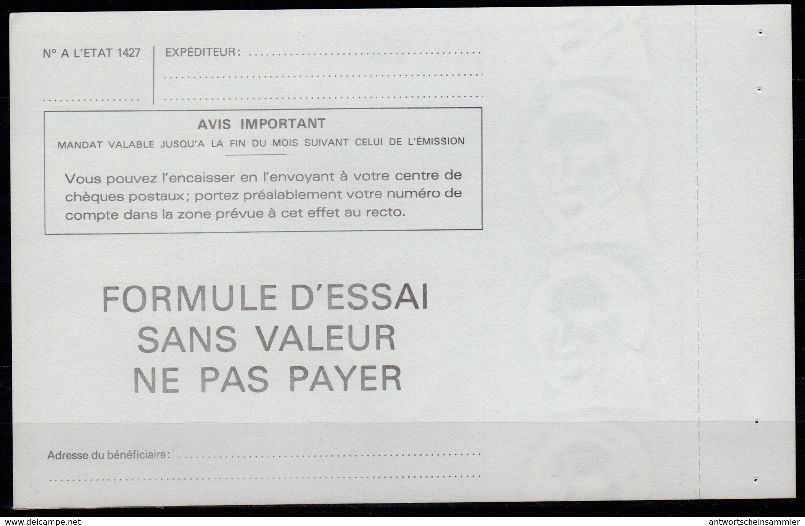 FRANCE COURS D'INSTRUCTION 4 documents d'Essai mandats postal, cheque de voyage avec et sans surcharges SPECIMEN