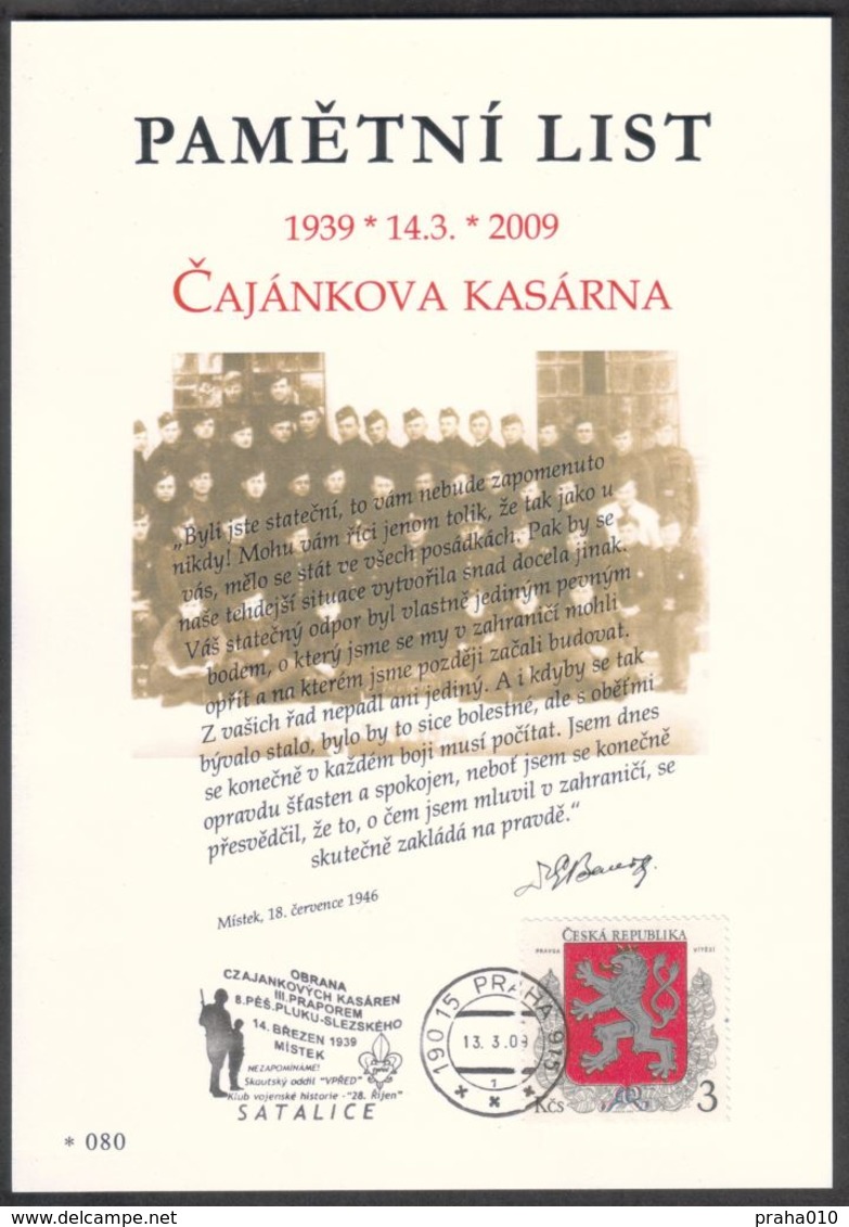 Rep. Ceca / Foglio Commemorative (PaL 2009/01) 190 15 Praha 915: Caserma Militare Di Czajankova (70 Anni Di Resistenza) - Briefe U. Dokumente