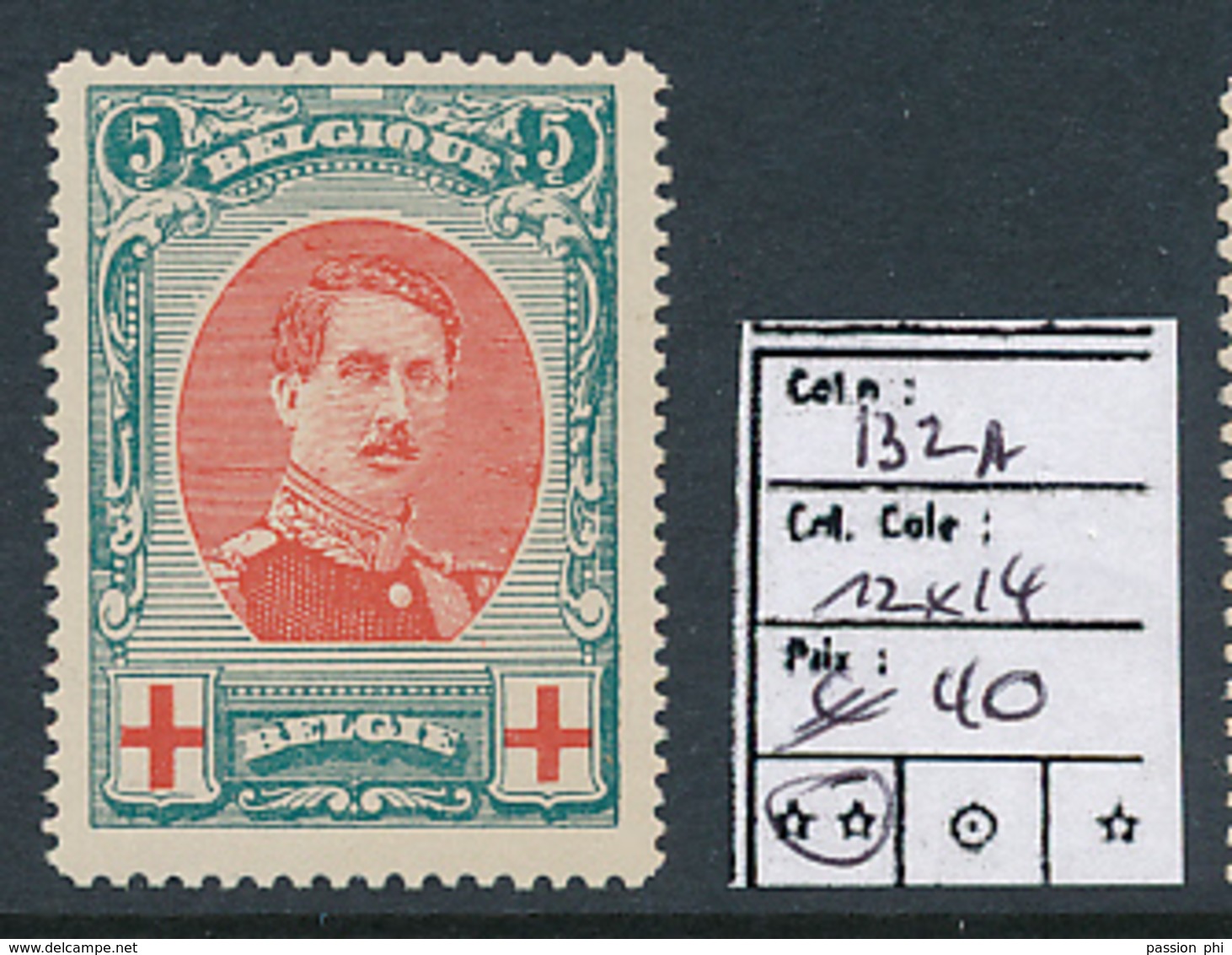 BELGIQUE COB 132A PERFORATION 12 X 14 MNH - 1914-1915 Croce Rossa