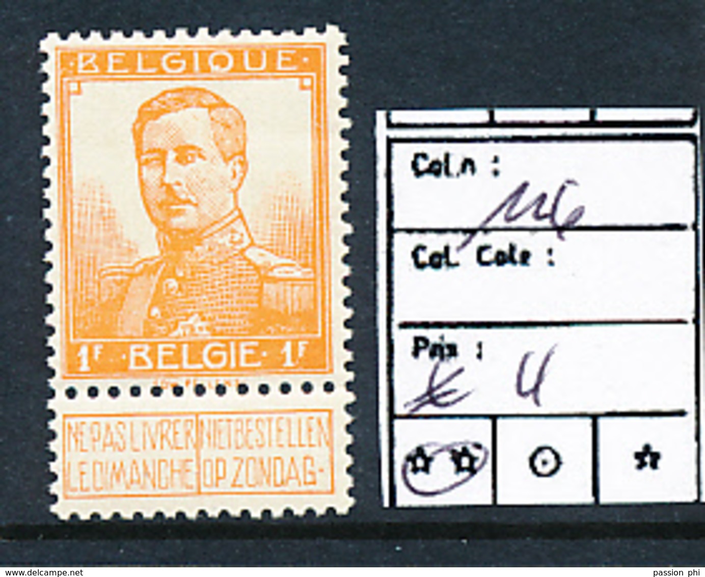 BELGIQUE COB 116 MNH - 1912 Pellens