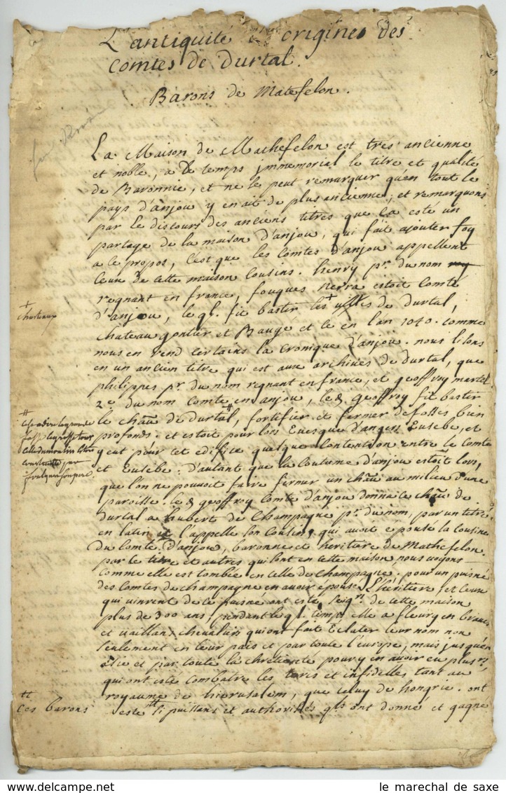 DURTAL Maine-et-Loire Manuscrit Vers 1700 Sur Les Comtes De Durtal Mathefelon Schomberg Rochefoucauld - Manuscritos