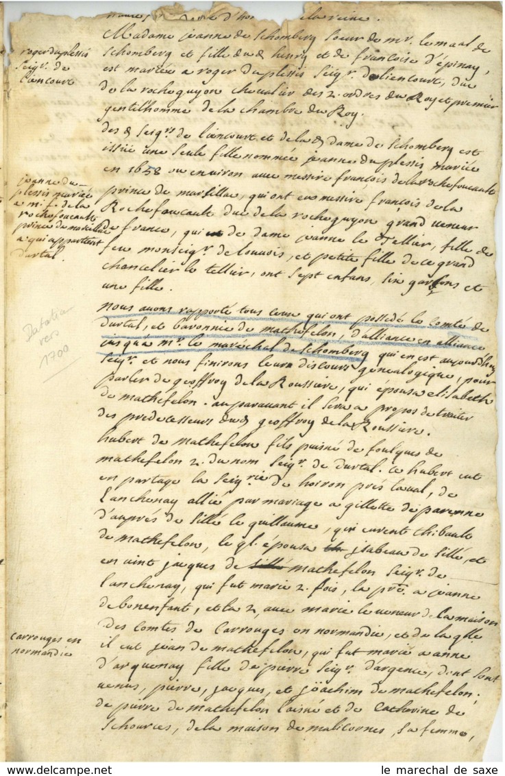 DURTAL Maine-et-Loire Manuscrit Vers 1700 Sur Les Comtes De Durtal Mathefelon Schomberg Rochefoucauld - Manuscritos