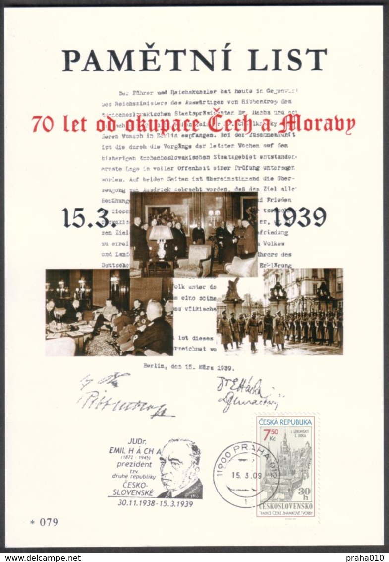 Tchéquie / Feuille Commémorative (PaL 2009/02) 119 00 Praha 012: 70 Anniv. D'occupation Tchécoslovaquie - Lettres & Documents