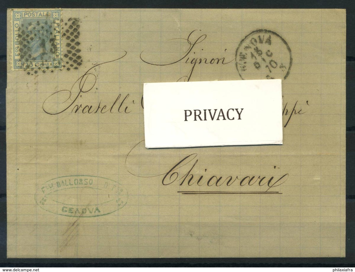 Italie Royaume 1870 Sass. 26 Enveloppe 100% Enveloppe Genova Ballorso Chiavari - Marcophilia