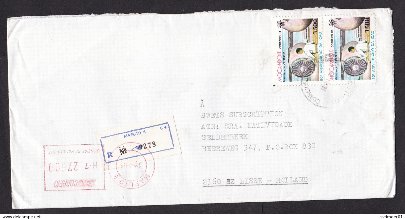 Mozambique: Registered Cover To Netherlands 1995, 2 Stamps, Meter Cancel, ICAO, Aviation, Rare Real Use (minor Damage) - Mozambique