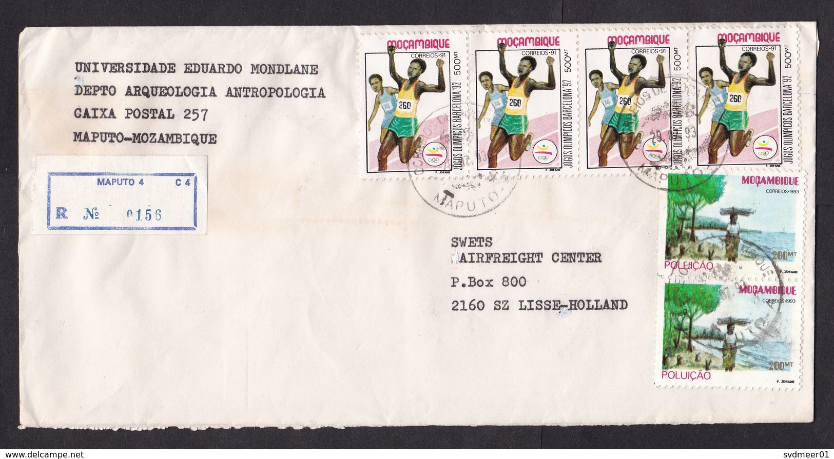 Mozambique: Registered Cover To Netherlands,1993, 9 Stamps, Olympics, Running Sports, Rare Real Use (minor Discolouring) - Mozambique