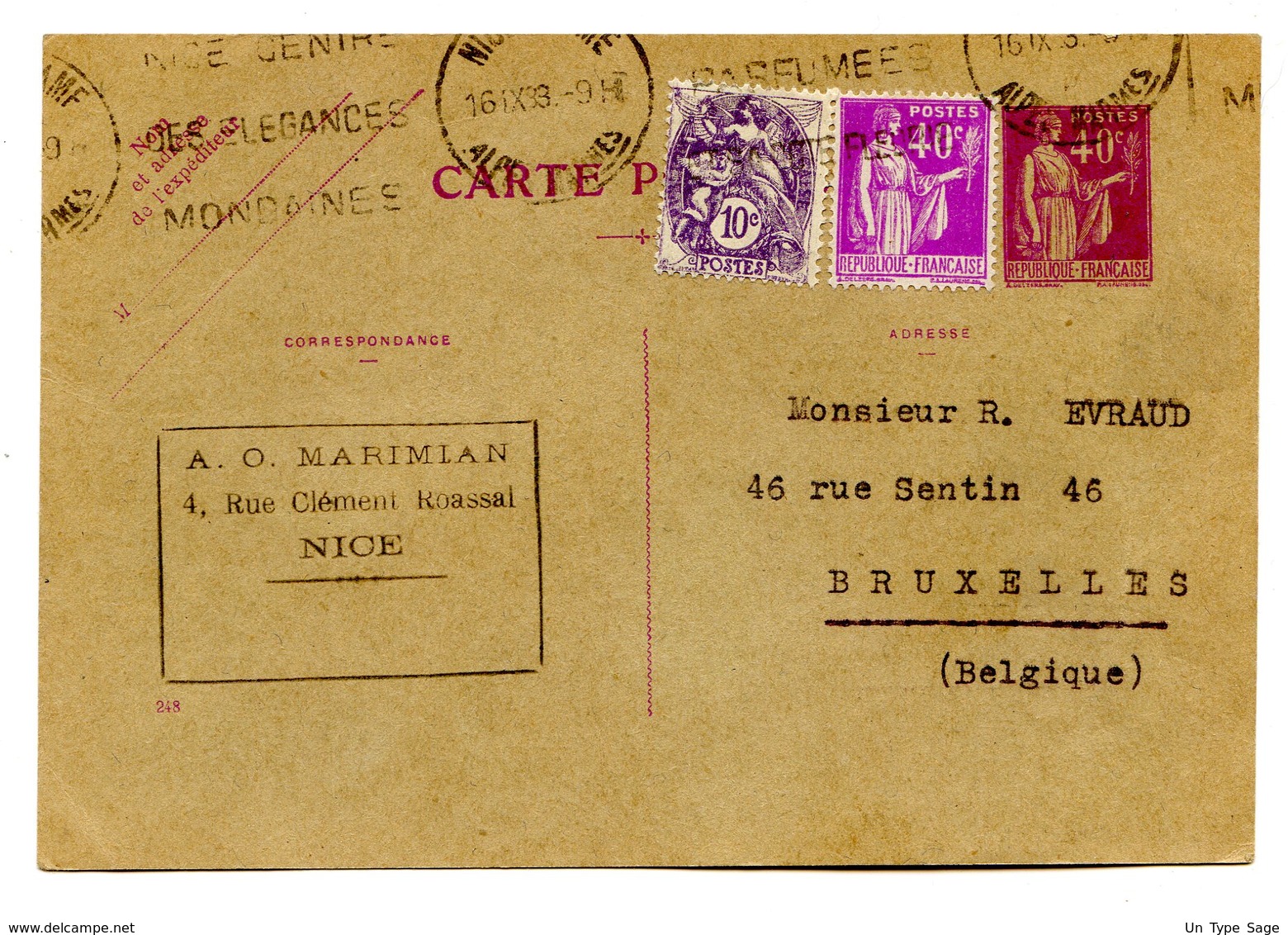 France Entier Type Paix + N°233 Et 281 De Nice Pour Bruxelles (Belgique) 1933 - (B2056) - Cartes Postales Types Et TSC (avant 1995)