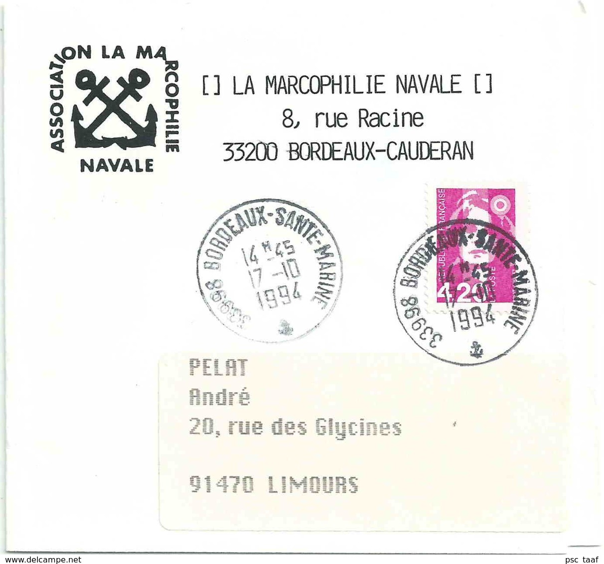 Cachet Manuel De 33998 Bordeaux Santé Marine - Sur Bande De Journal - Cachets Militaires A Partir De 1900 (hors Guerres)