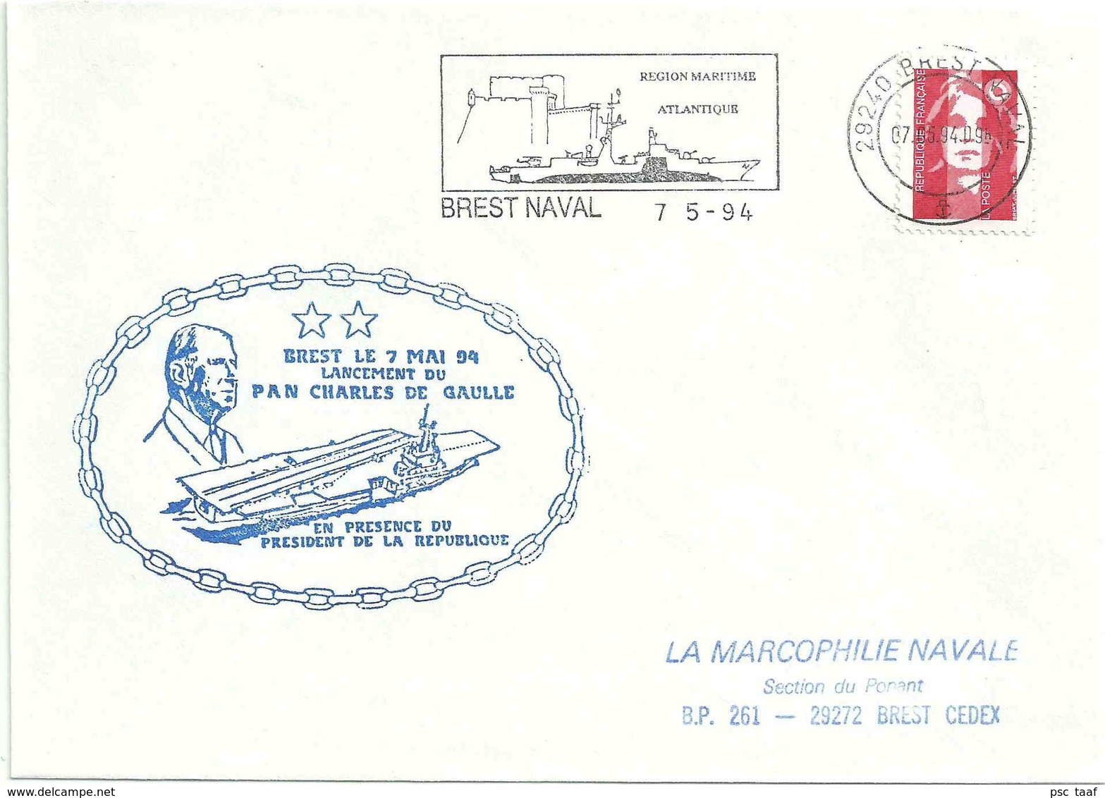 Secap De Best Naval - Lancement Du Porte-avions Charle De Gaulle - Cachets Militaires A Partir De 1900 (hors Guerres)