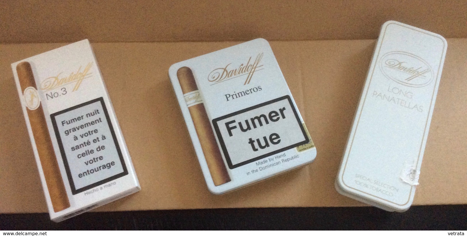 Lot De 4 Boites (vides)  Davidoff : Primeros & Long Panatellas (fer) - Mini Cigarillos (Bois) & N°3 (Carton) - Tabaksdozen (leeg)