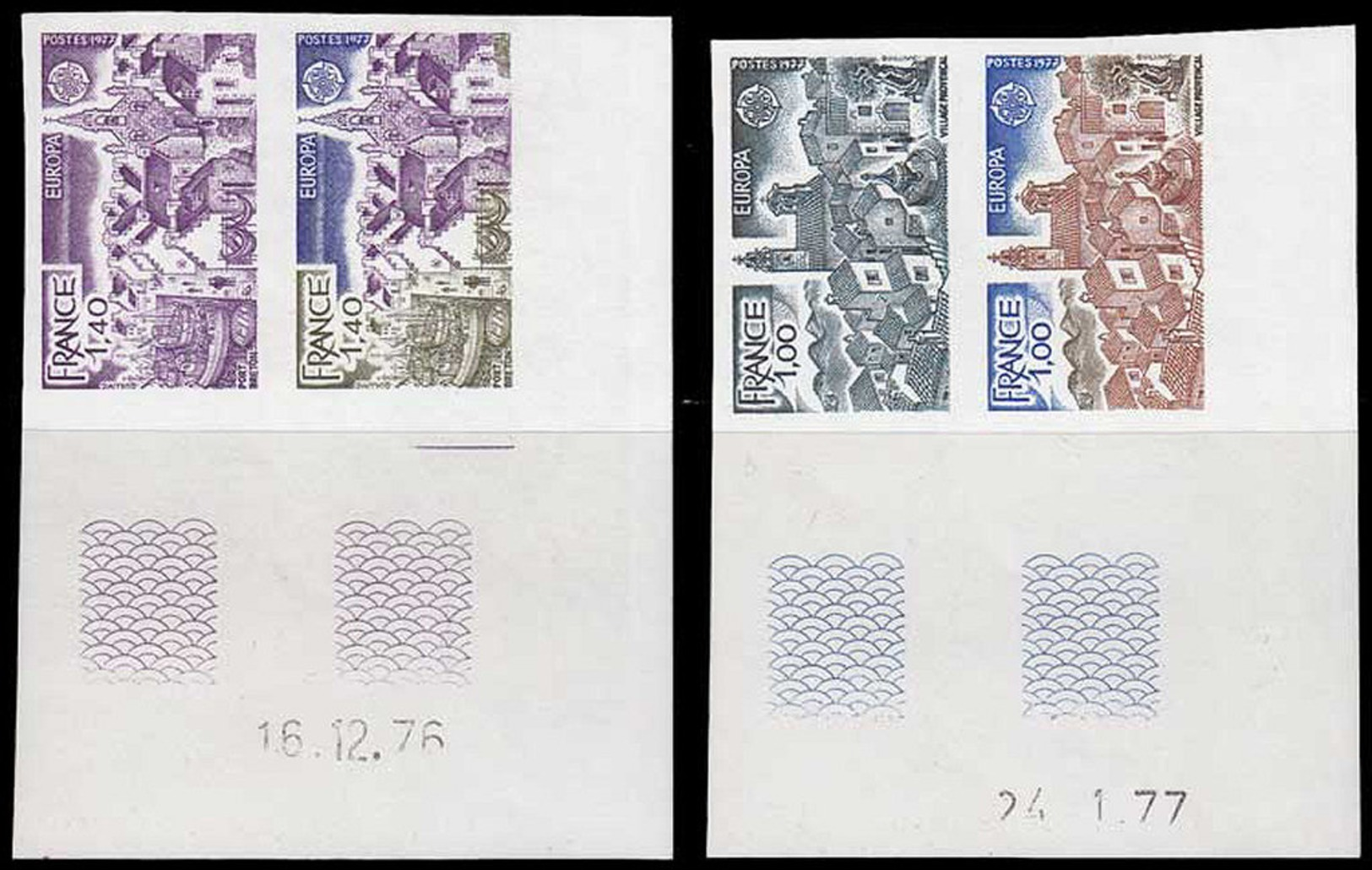 FRANCE Essais  1928/1929, Paires D'essais Dont 2 Polychromes, Cd 1977: Europa 1977, Village Provencçal Et Port Breton - Other & Unclassified