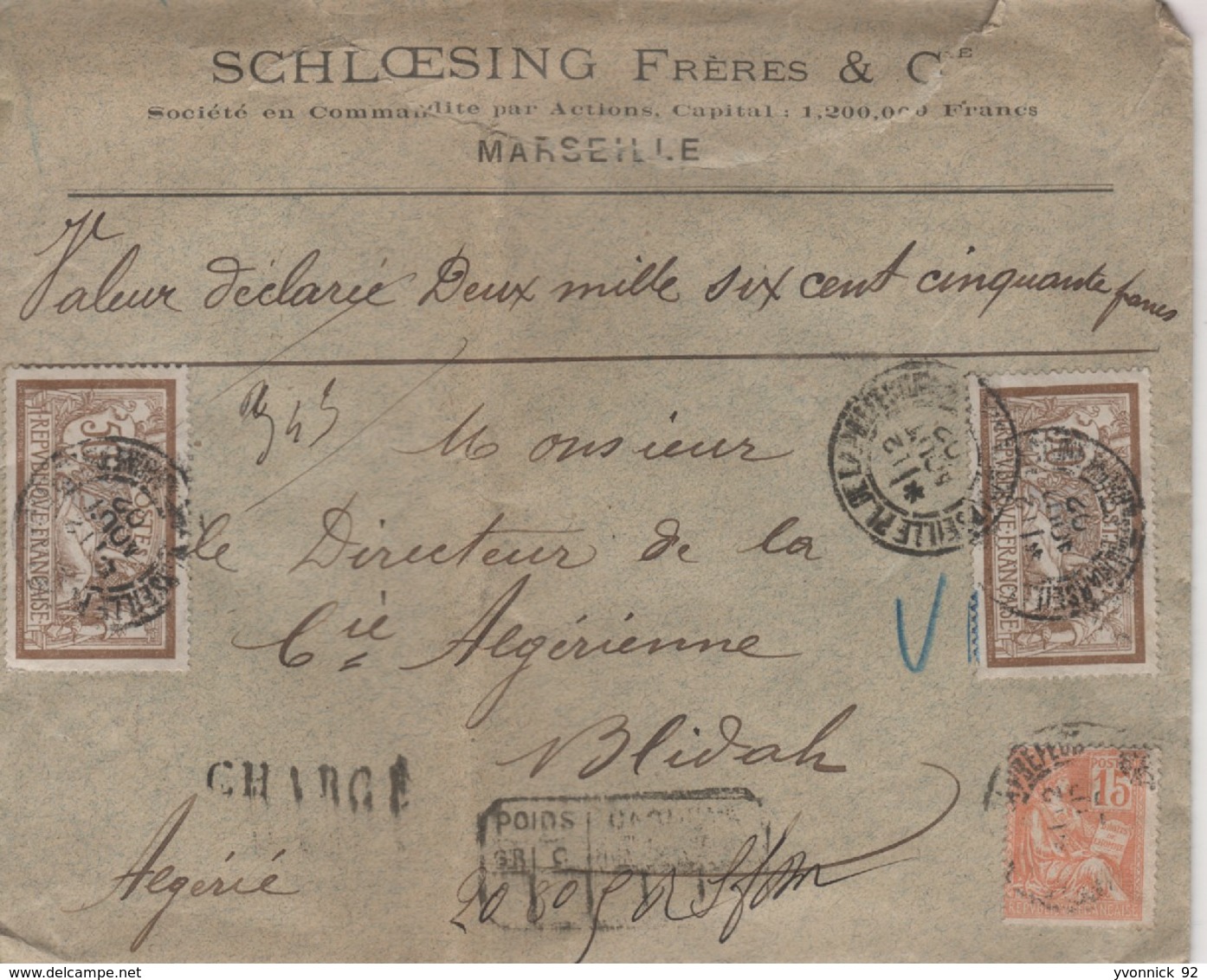 Lettre à Charge (2650.FR ) Marseilles-  Alger Blidah _  5 Beaux Cachets De Cire Rouge SFM Août 1902 - 1877-1920: Période Semi Moderne