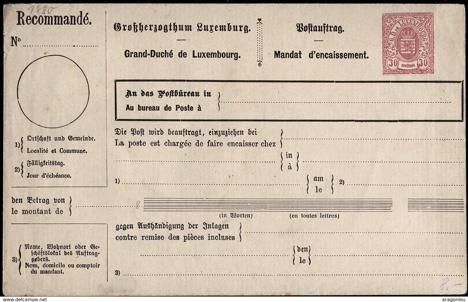 1859 Recommandé Mandat D'encaissement, Postauftrag, Vierge, 30c. Lila-rouge - Autres & Non Classés