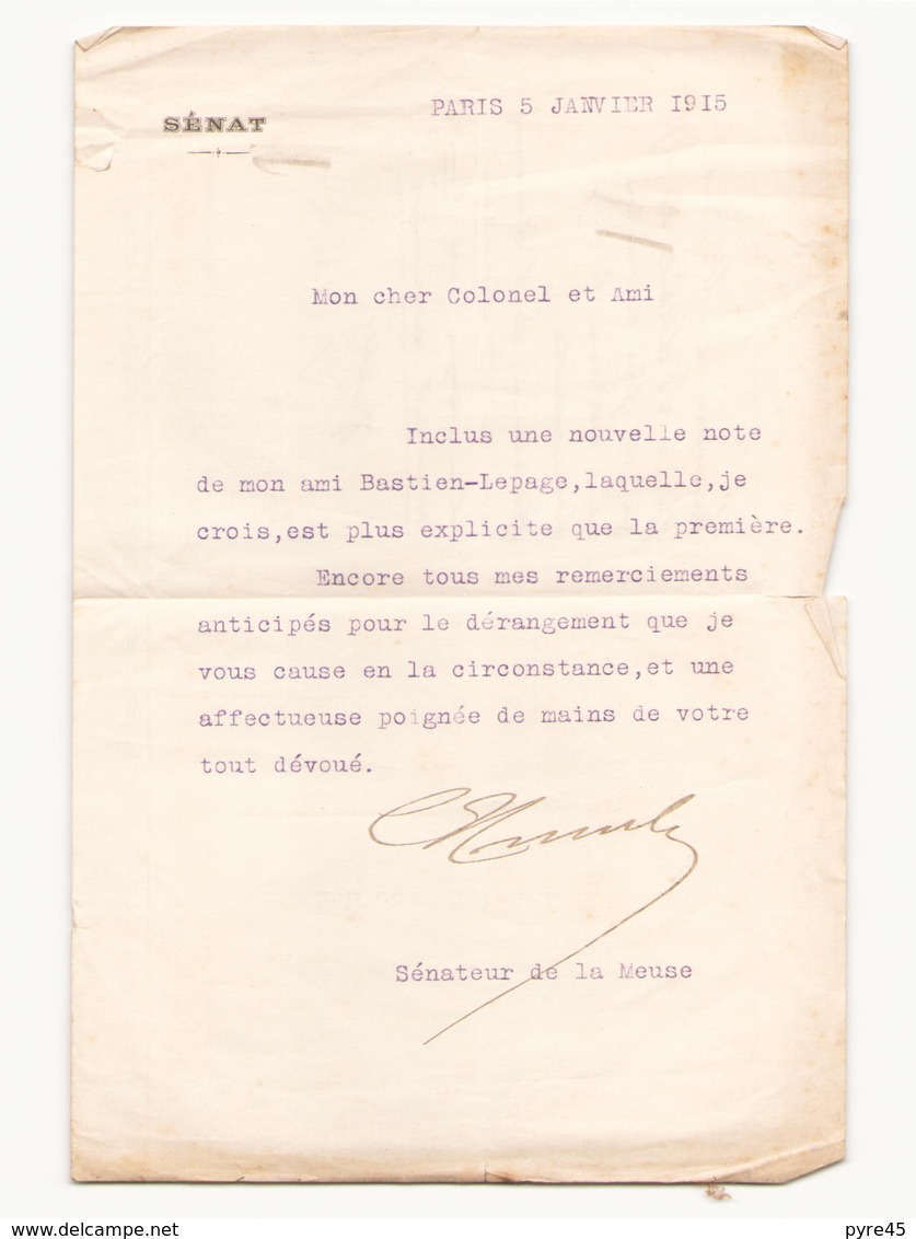 Correspondance Militaire Manuscrite Du Général Darde Lettre à En-tête Du Sénat à Paris Du 5 Janvier 1915 - Manuscripts