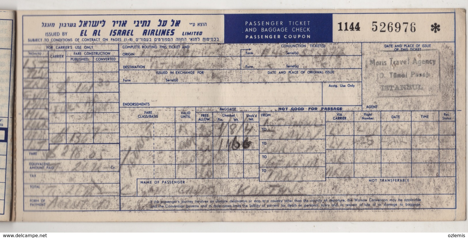 ISRAEL EL AL AIRLINES PASSENGER TICKET 1970 - Europa