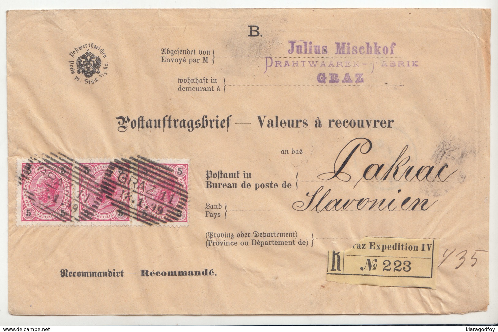 Austria Empire Postauftragsbrief - Valeur A Recouvrer Registered Letter 1899 Julius Mischkof Graz To Pakrac B190220 - Lettres & Documents