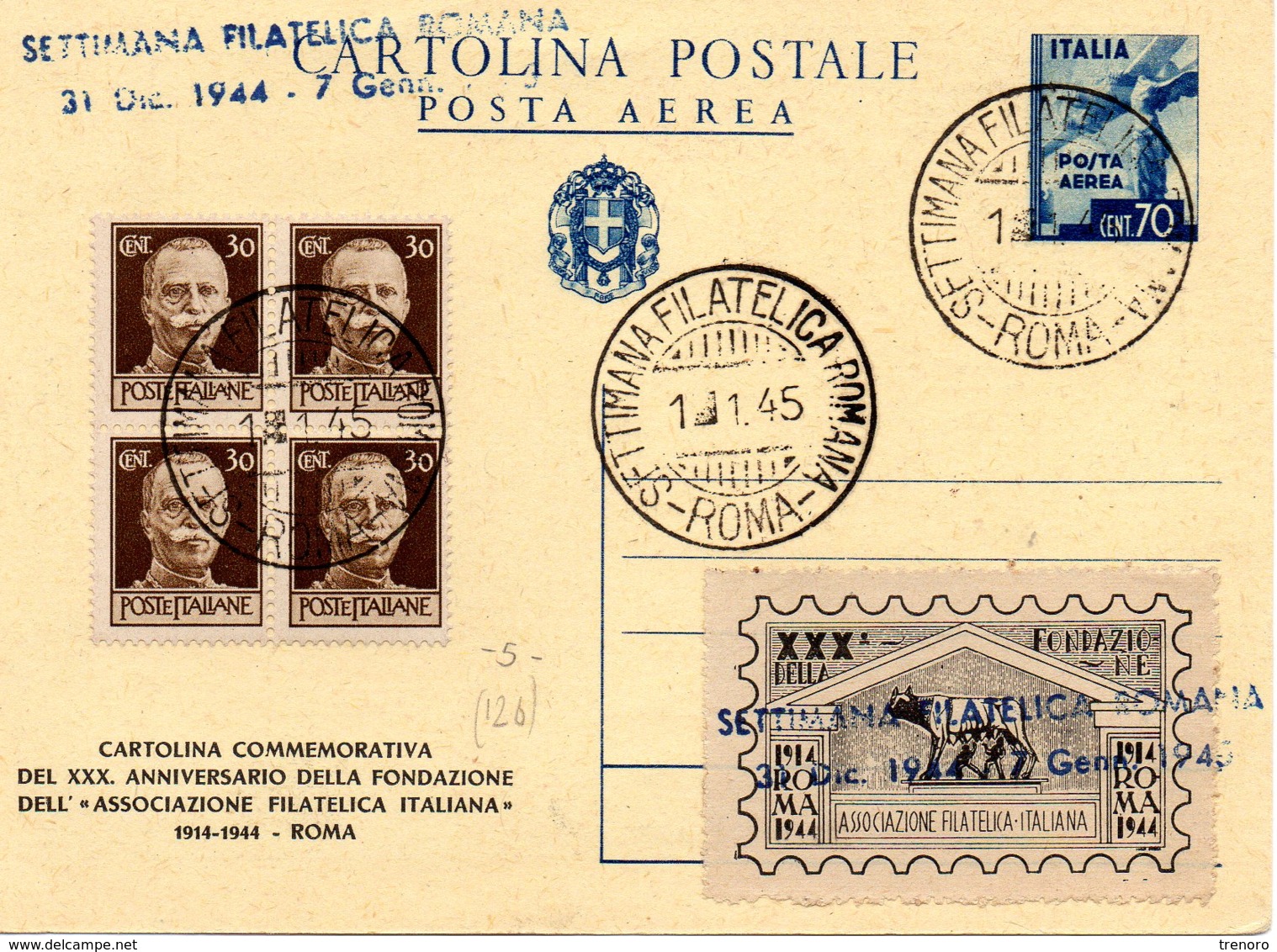 CARTOLINA POSTALE POSTA AEREA 70 CENT. - SETTIMANA FILATELICA ROMANA - 1.1.1945 - Storia Postale