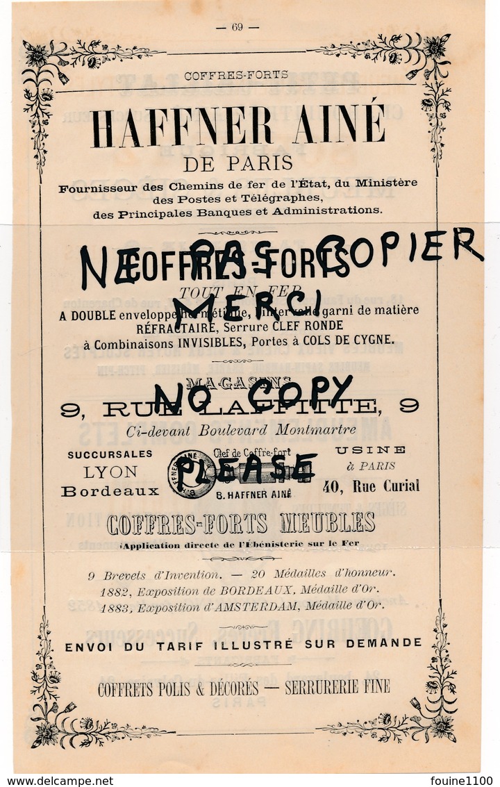 Publicité Année 1885 Coffres Forts HAFFNER AINE Clef De Coffre Fort Meubles PETIT CAILLAT BOULITROP GOEHRING Paris - Publicités