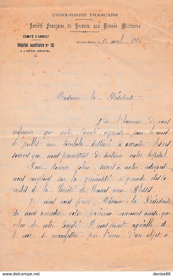 WW1 - AIX LES BAINS - CROIX ROUGE Fse - Comité D'ANNECY - Hôpital Auxiliaire N° 10 à L'Hôtel Bristol - Documents Historiques