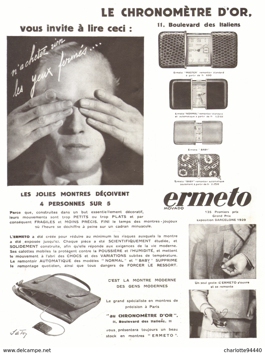 PUB MONTRES ERMETO De " MOVADO "   1930  ( 19 ) - Other & Unclassified